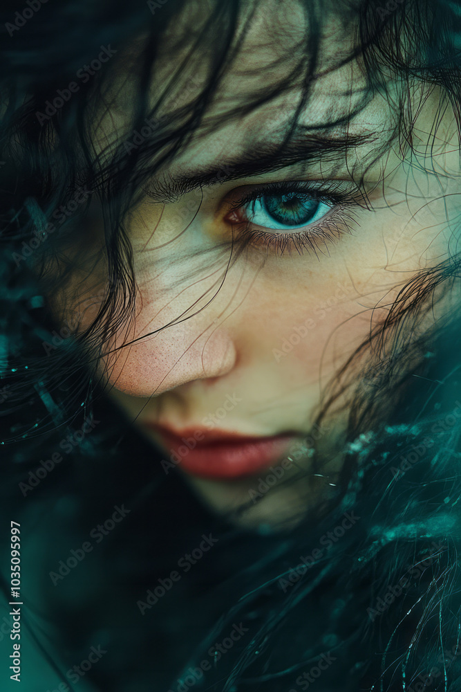 Poster A surreal abstract portrait conveying sadness, with muted tones and flowing lines representing deep emotion,