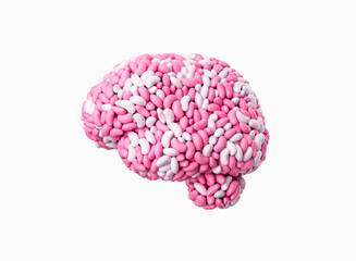 Human Brain Made Of Pink And White Sugar Coated Jelly Beans On White Background 3D Illustration