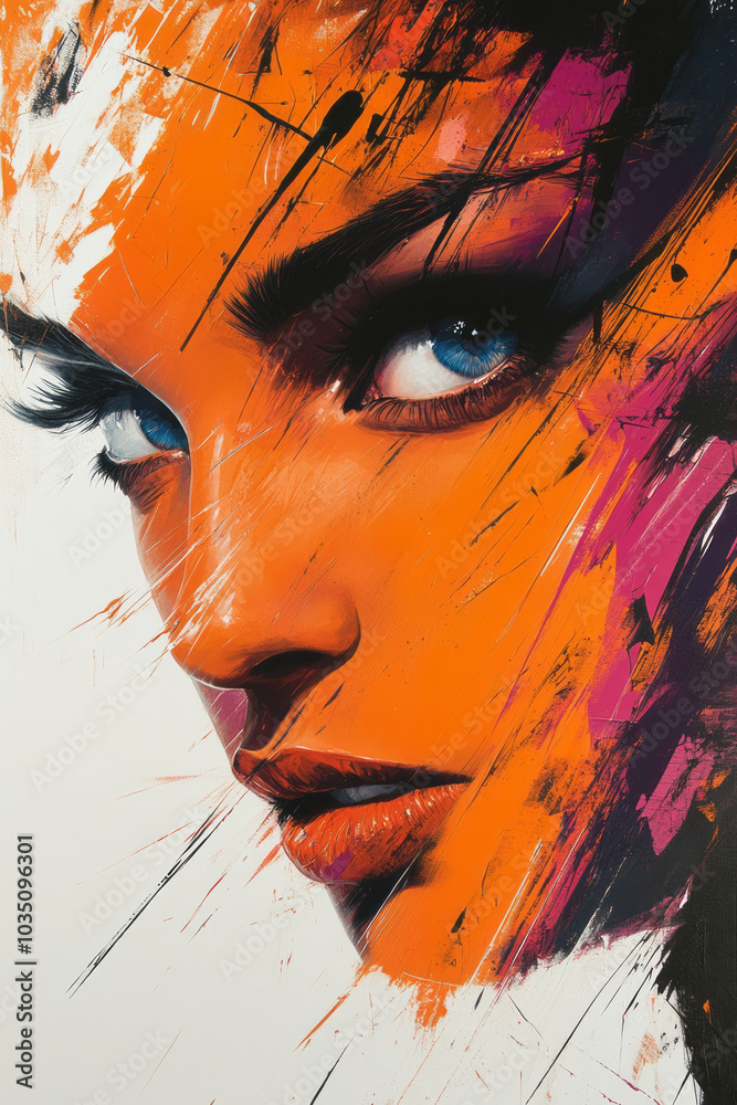 Poster a dynamic abstract portrait expressing excitement, with energetic strokes of bright colors and sharp