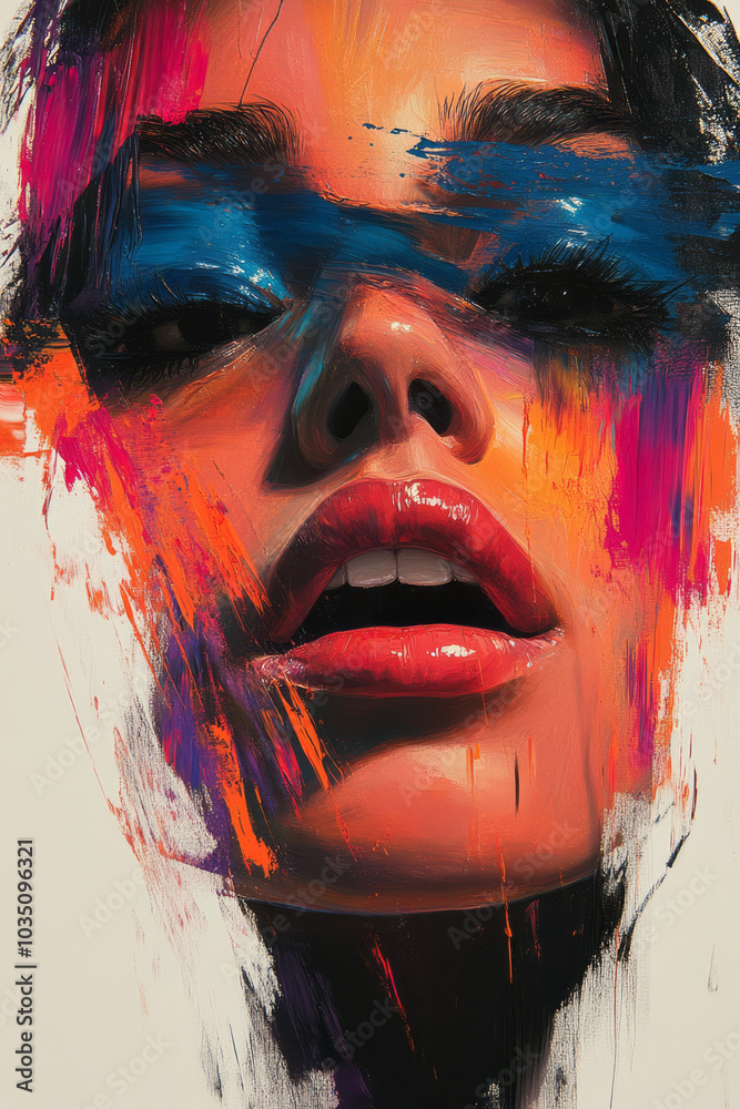 Poster a dynamic abstract portrait expressing excitement, with energetic strokes of bright colors and sharp