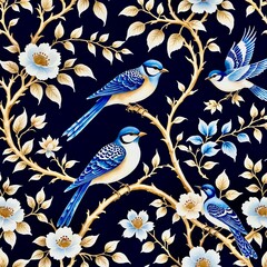 A chinoiserie-style wallpaper featuring a blue and white landscape.