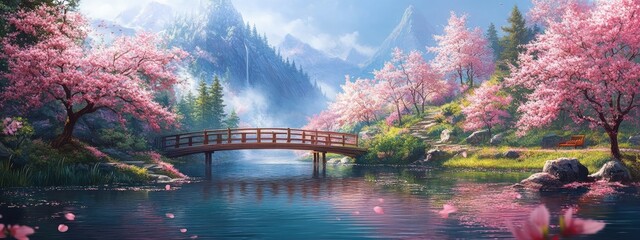 Fototapeta premium A quiet riverside view in spring with cherry trees.
