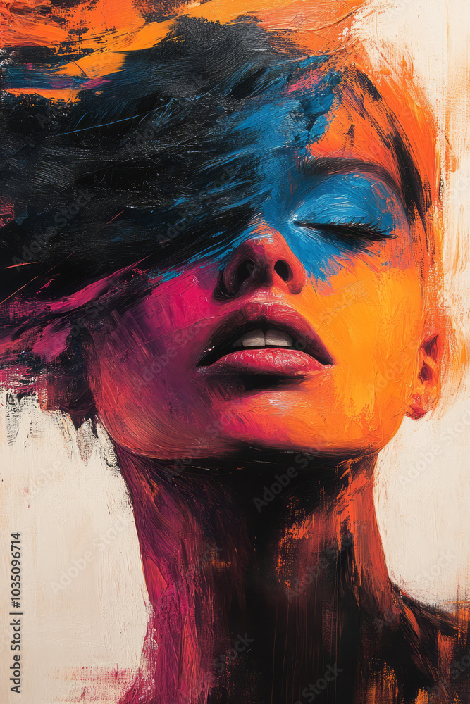 Poster an expressive abstract portrait of surprise, with wide strokes and vibrant, popping colors in a dyna