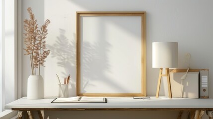 A clean, modern desk setup in a home office with white walls and wood tones. The desk highlights a blank picture frame and a small notebook. Soft