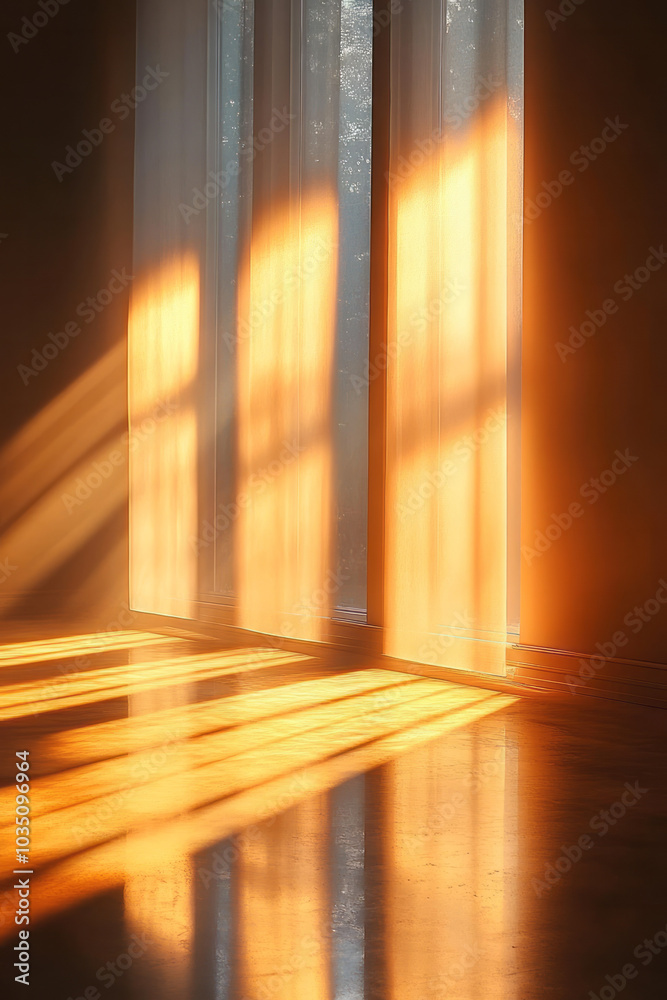 Poster light beams cutting through geometric shapes, creating complex shadows and radiant highlights,