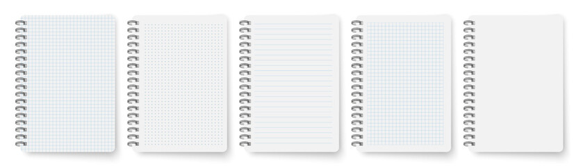 Spiral opened notebook template. Blank copybook with metallic spiral. Mock up of organizer or diary realistic vector set