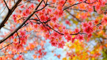 A close-up view of delicate pink cherry blossoms blooming on a branch against a soft blue sky.