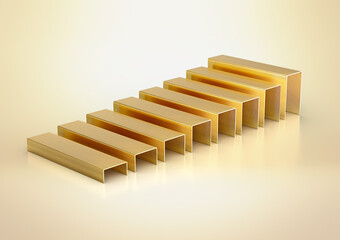 A Series Of Golden Metal Staple Pins Arranged In Parallel Rows On Yellow Background 3D Illustration