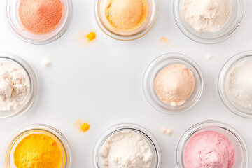 Bright and colorful powders are neatly arranged in glass jars on a clean white surface, ideal for culinary projects or baking. Each jar holds a different vibrant hue
