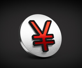 Vibrant Red Japanese Yen Currency Symbol On A Metallic Silver Disc Icon 3D Illustration