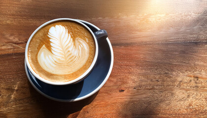 Cup of hot latte art coffee on the wooden table. morning drink concept