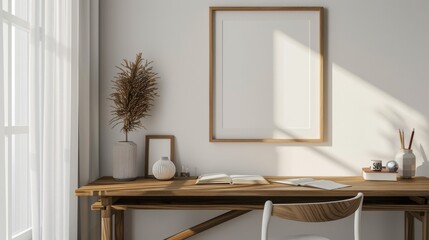 A clean, modern desk setup with white walls and wood tones. The desk includes a blank picture frame and a small potted plant. Soft