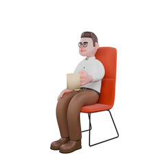 3D Social Expert Sociologist. A male sociologist is sitting on a chair while carrying a cup and glass. Male