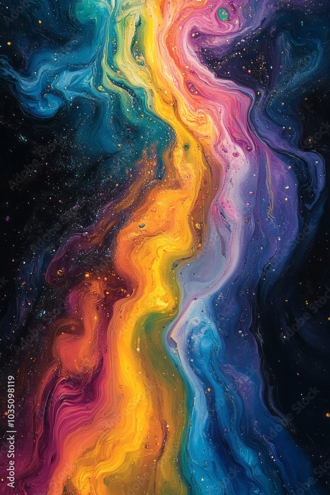 Poster a swirling rainbow of colors in motion, blending seamlessly to form a vibrant spectrum in dynamic fl
