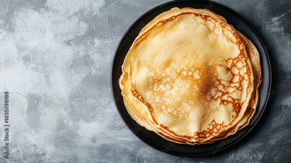 Poster a stack of warm, golden crepes rests on a black plate, highlighting their delicate texture and invit