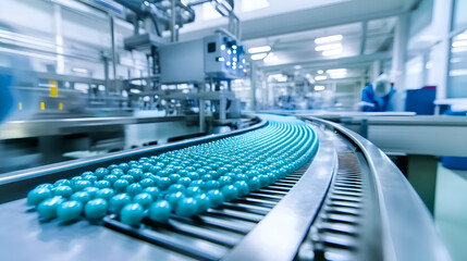 Obraz premium Blue Capsules on a Conveyor Belt.