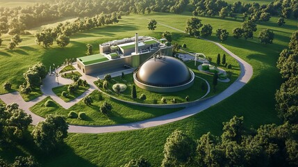 Modern biogas plant in a lush green field, representing sustainable energy production and eco-friendly technology.