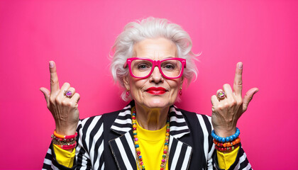 Confident elderly woman with gray hair and glasses playfully posing on bright pink background