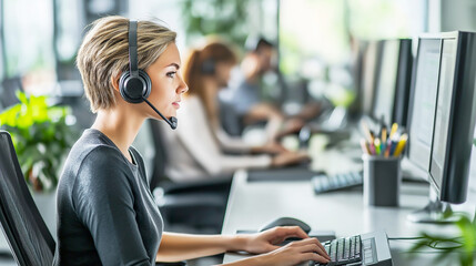 Call center staff, customer service representative using headset, office environment, professional work setting, call center concept