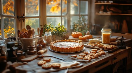 Naklejka premium A cozy Thanksgiving kitchen with a pumpkin pie cooling on the counter, cookies being frosted with autumn colors, rolling pins and spices scattered across the table,