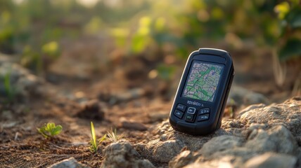 Portable GPS device on rocky ground displaying map in natural outdoor setting