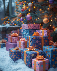 Fototapeta premium Layered paper gifts in bold colors, playfully arranged under a glowing Christmas tree in collage style,