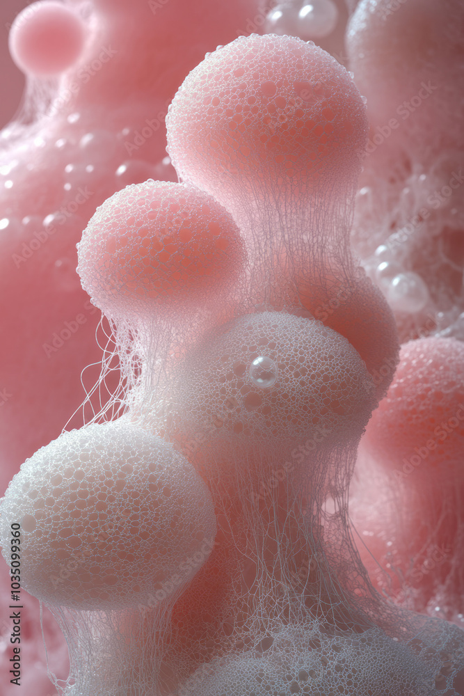 Aufkleber an arrangement of abstract 3d shapes with soft, spongy textures, interconnected by fine white string