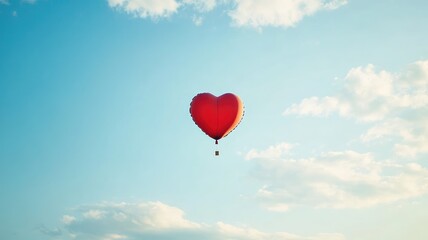 Obraz premium Red heart-shaped balloon floats under bright blue sky with clouds