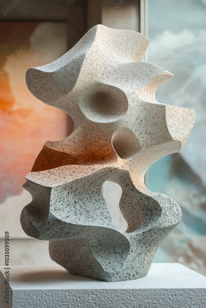 Poster An abstract display of floating 3D shapes with bumpy textures, set against a soft pastel background,