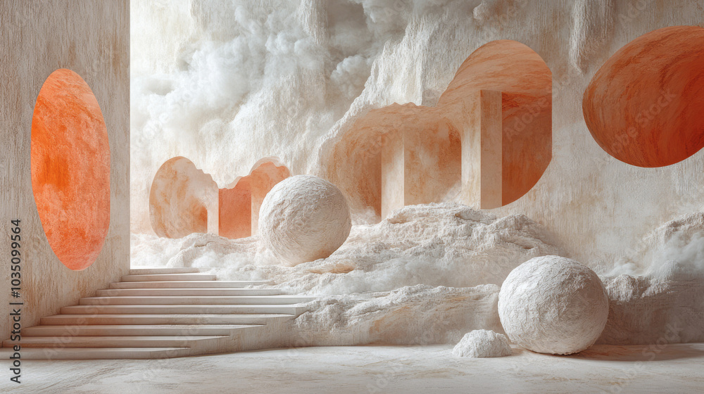 Fototapete An arrangement of floating 3D forms with rough, textured surfaces, intertwined with delicate strings,