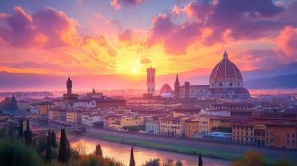 Sunrise view on Florence city centre and Duomo from Vista panoramica di Firenze