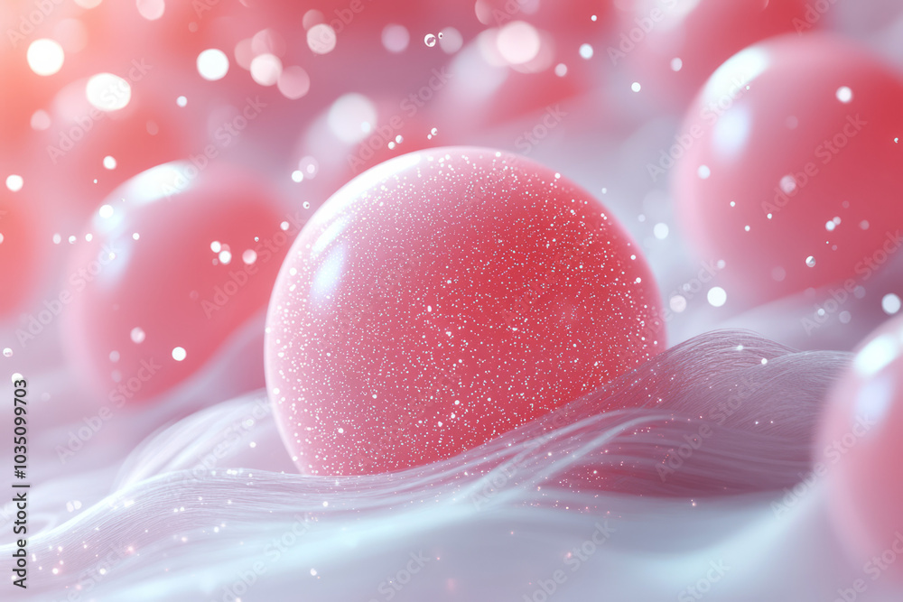 Fototapete Weightless 3D shapes with soft rubber textures and subtle line art, floating gently with white strings and floating dots, blending pastel gradients and light shadows,