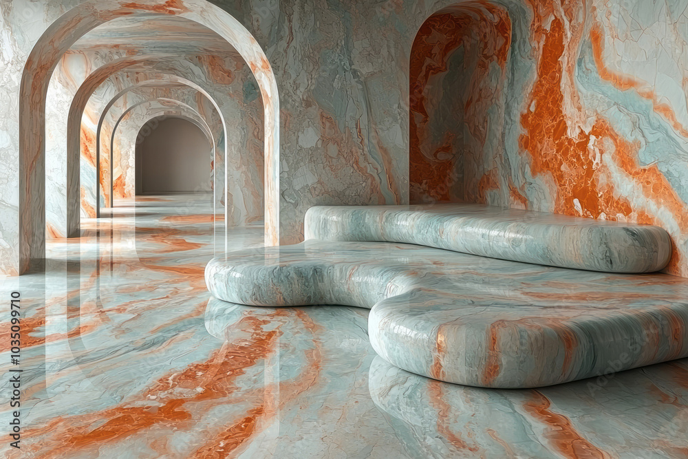 Fototapete Floating 3D forms with smooth marble textures and subtle line art, blending pastel colors and shiny metal elements in a harmonious gradient,