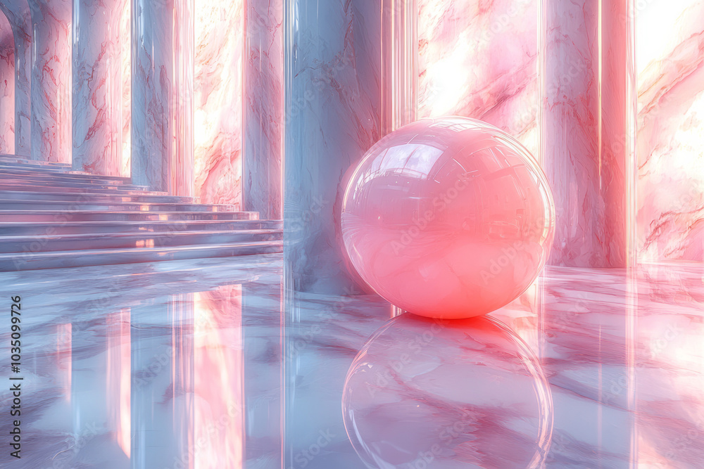 Fototapete Floating 3D forms with smooth marble textures and subtle line art, blending pastel colors and shiny metal elements in a harmonious gradient,