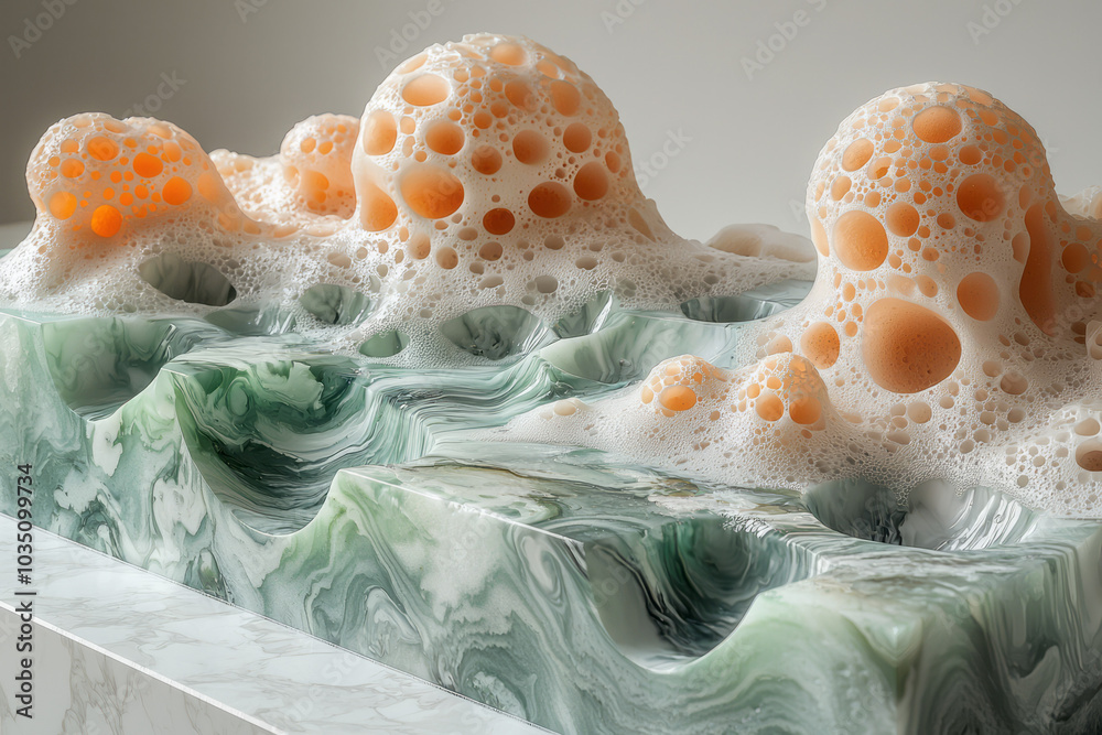Aufkleber Floating, abstract 3D shapes with bumpy foam and smooth marble textures, harmoniously fusing into a pastel gradient, with subtle shadows on the ground,
