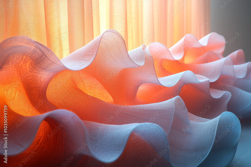 Poster Light and airy 3D shapes with soft fabric textures, floating with delicate lines and white strings, merging pastel tones with a gradient background,