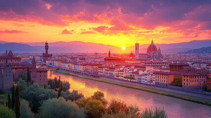 Fototapeta premium Sunrise view on Florence city centre and Duomo from Vista panoramica di Firenze