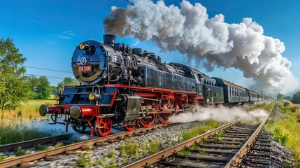 Naklejka premium Steam Train Racing Through the Countryside on a Sunny Day with Smoke Billowing from the Engine