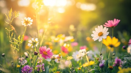 Fototapeta premium Colorful Wildflower Meadow in Bright Sunlight