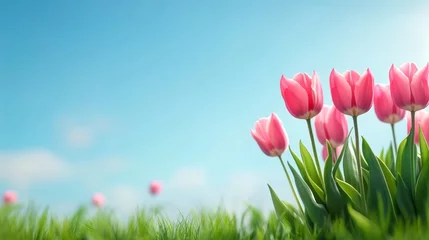  Vibrant pink tulips blooming under a clear blue sky © จิดาภา มีรีวี