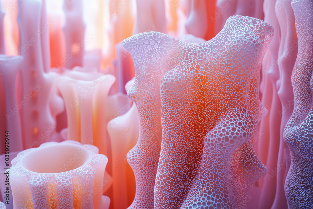Poster Light and airy 3D shapes with synthetic fabric and smooth rubber textures, subtly blending into pastel gradients with soft, floating dots,