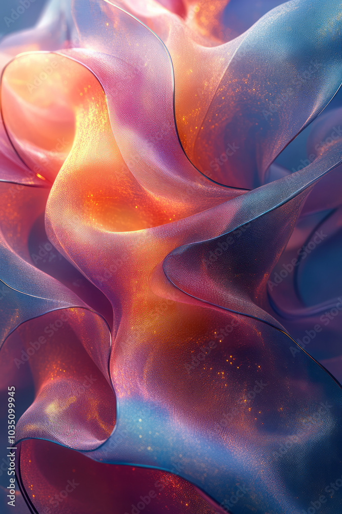Poster abstract, weightless 3d shapes with matte paint textures and velvety surfaces, harmonizing with subt