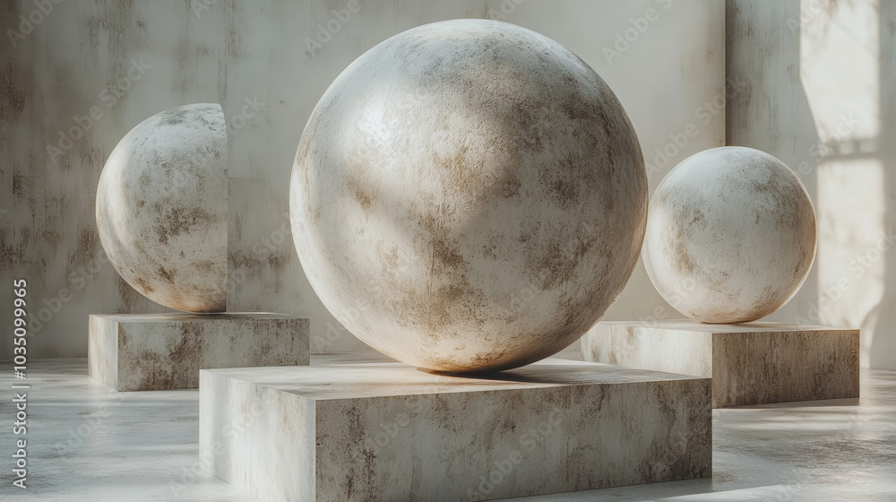 Poster Floating 3D forms with spongy foam and rough paper textures, delicately contrasting with shiny metal and soft gradients in a serene composition,