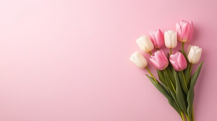 Elegant bouquet of pink and white tulips on pastel background