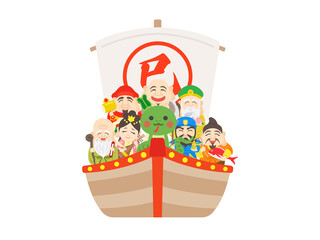 蛇と七福神をのせた、宝船のイラスト