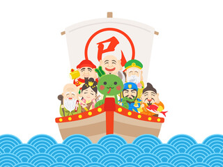 蛇と七福神をのせた、海上の宝船のイラスト