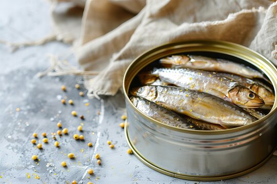 Open Tin of Canned Sardines with Spices on Rustic Tablecloth Setting