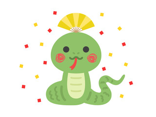 頭に扇子をのせた、蛇のキャラクターのイラスト