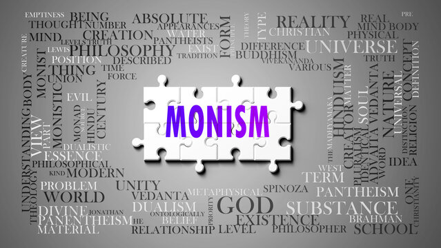 Monism as a complex subject, related to important topics. Pictured as a puzzle and a word cloud made of most important ideas and phrases related to monism. ,3d illustration