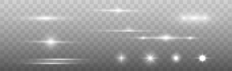 White horizontal lens flares pack. Laser beams, horizontal light rays. Beautiful light flares. Glowing streaks on light background. Light line effect White png.	
